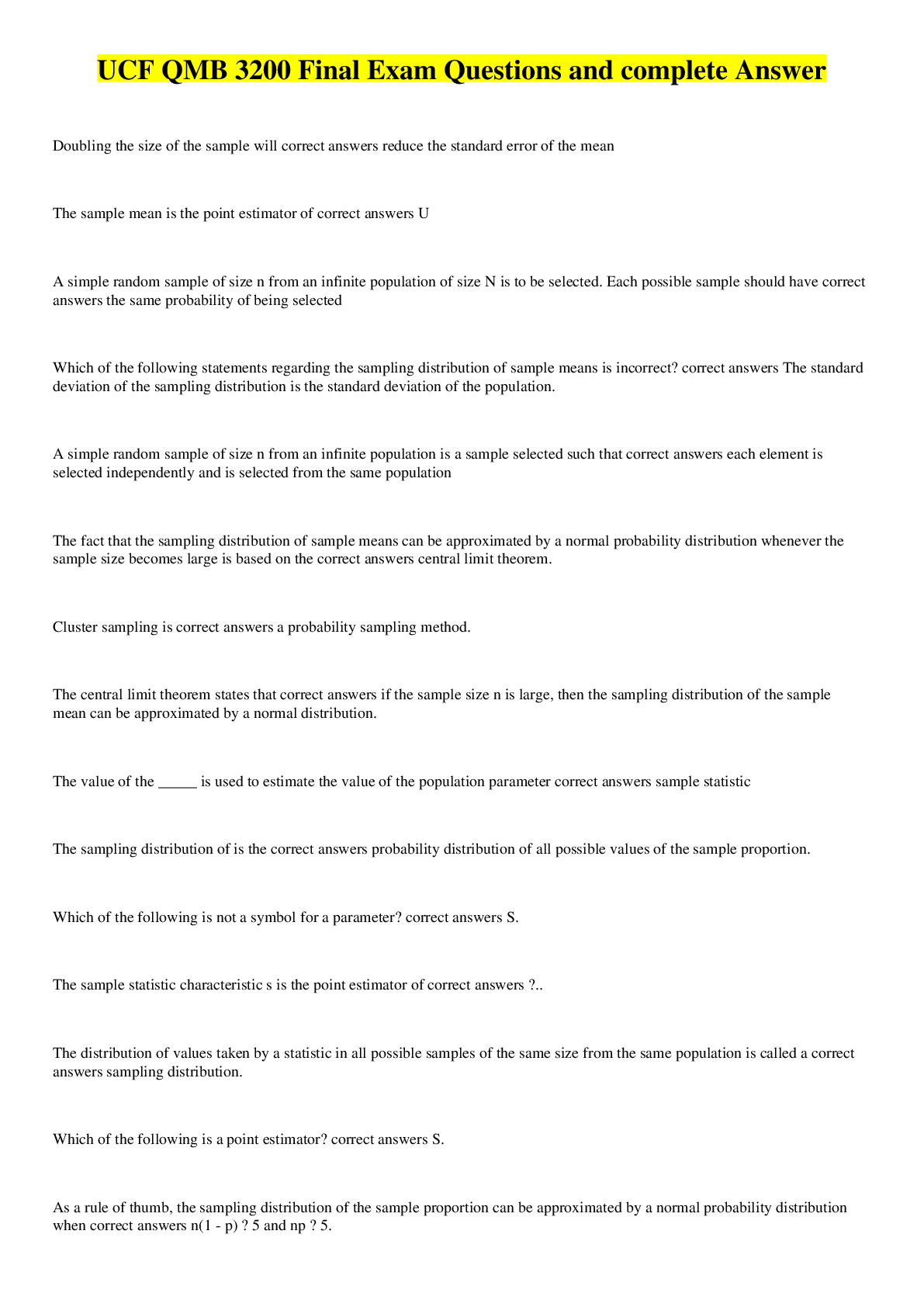 Preview image for UCF QMB 3200 Final Exam Questions and complete Answer